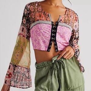 FREE PEOPLE Walk That Walk Cropped Sheer Bell Sleeve Shirt